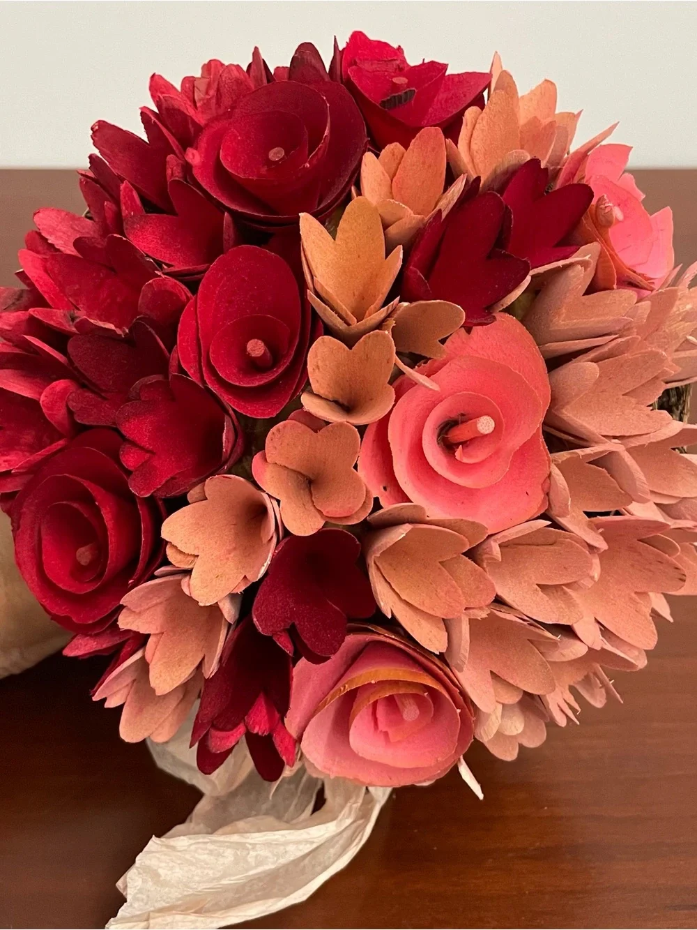 Valentine’s Day Carved Wooden Red and Pink Flowers in Grapevine Basket